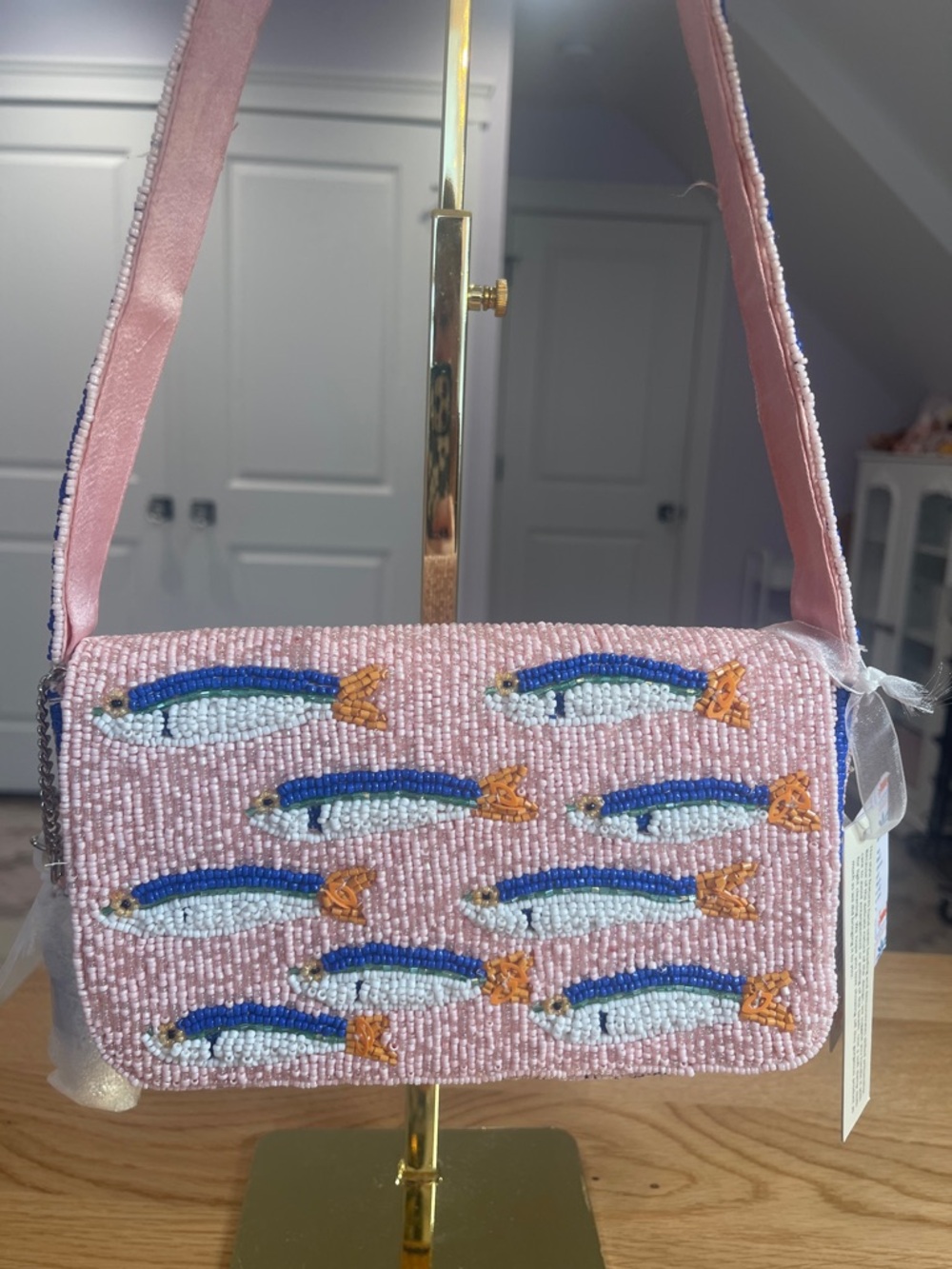 Beaded Pink Sardine Shoulder Bag with Charm NWT